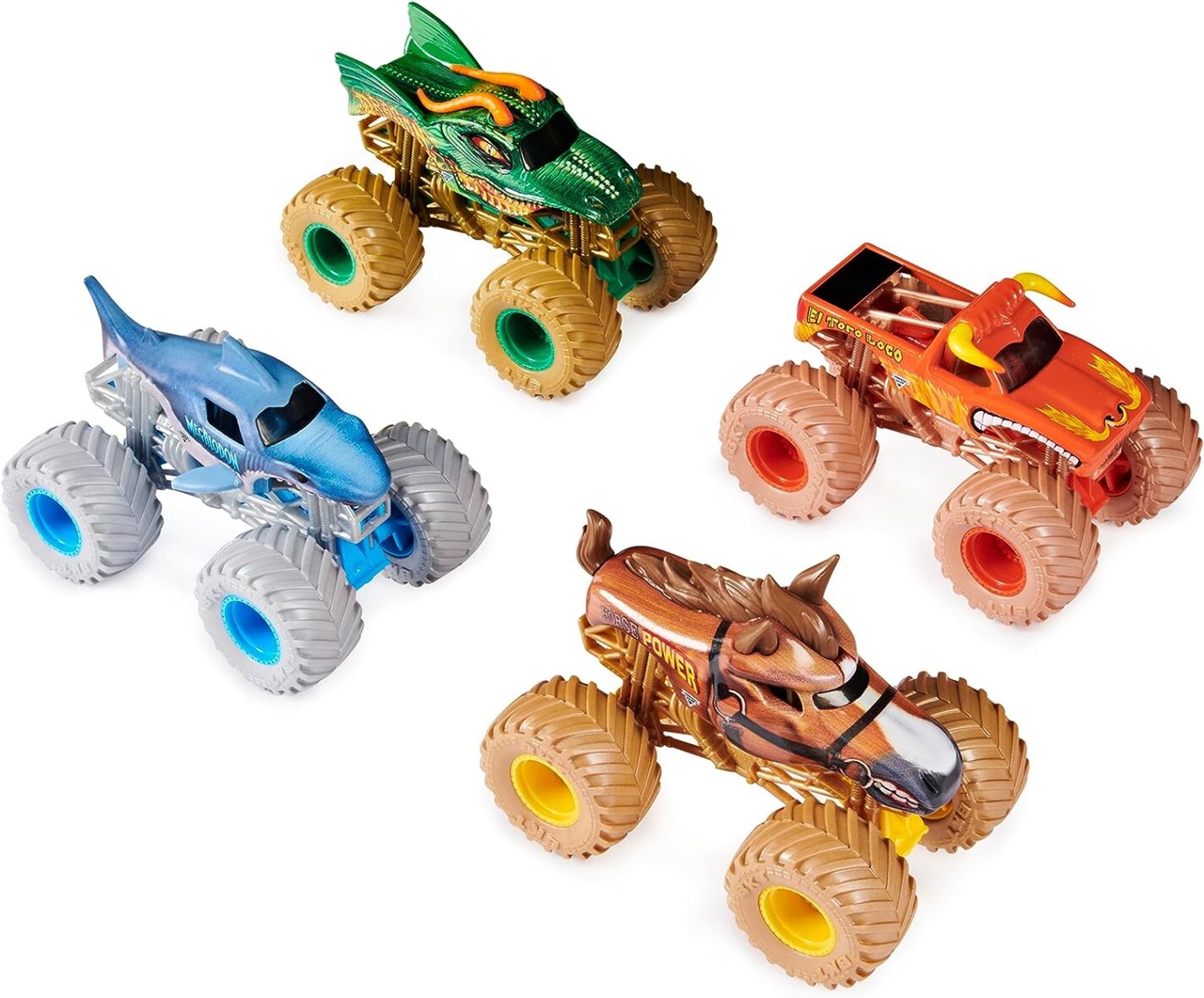 Monster Jam, Power Beasts 4-Pack Monster Trucks (El Toro Loco, Megalodon, Dragon and Horse Power), 1:64 Scale, Kids Toys for Boy & Girls Ages 3 and up