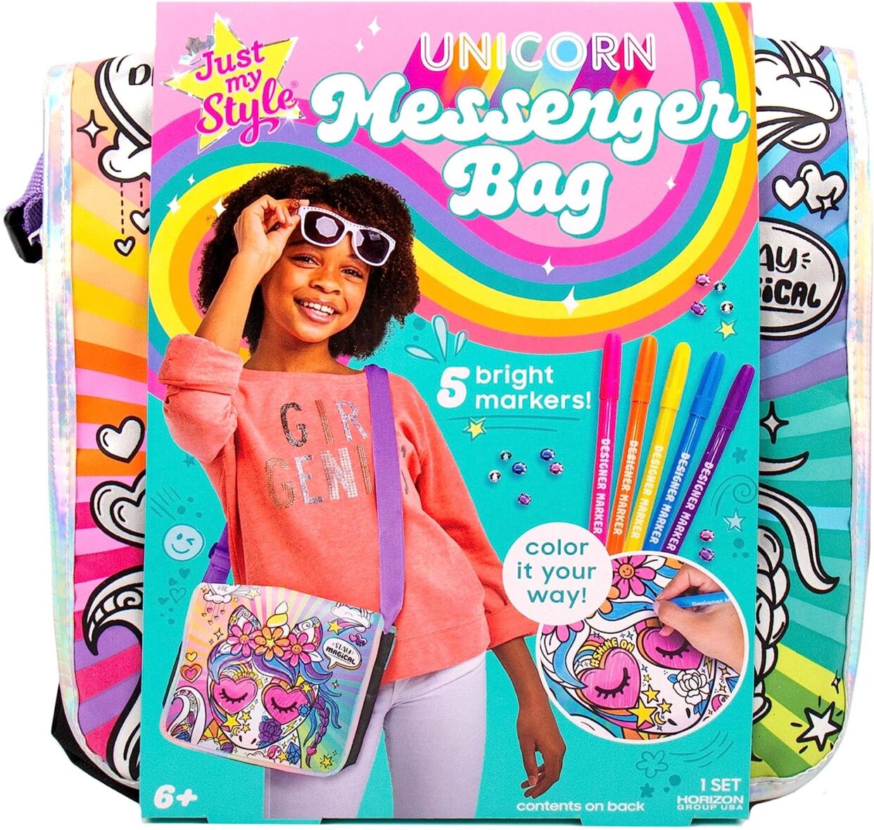 Just My Style Color Your Own Unicorn, Personalized Doodle Messenger Bag with Adjustable Strap, Great for School & Errands