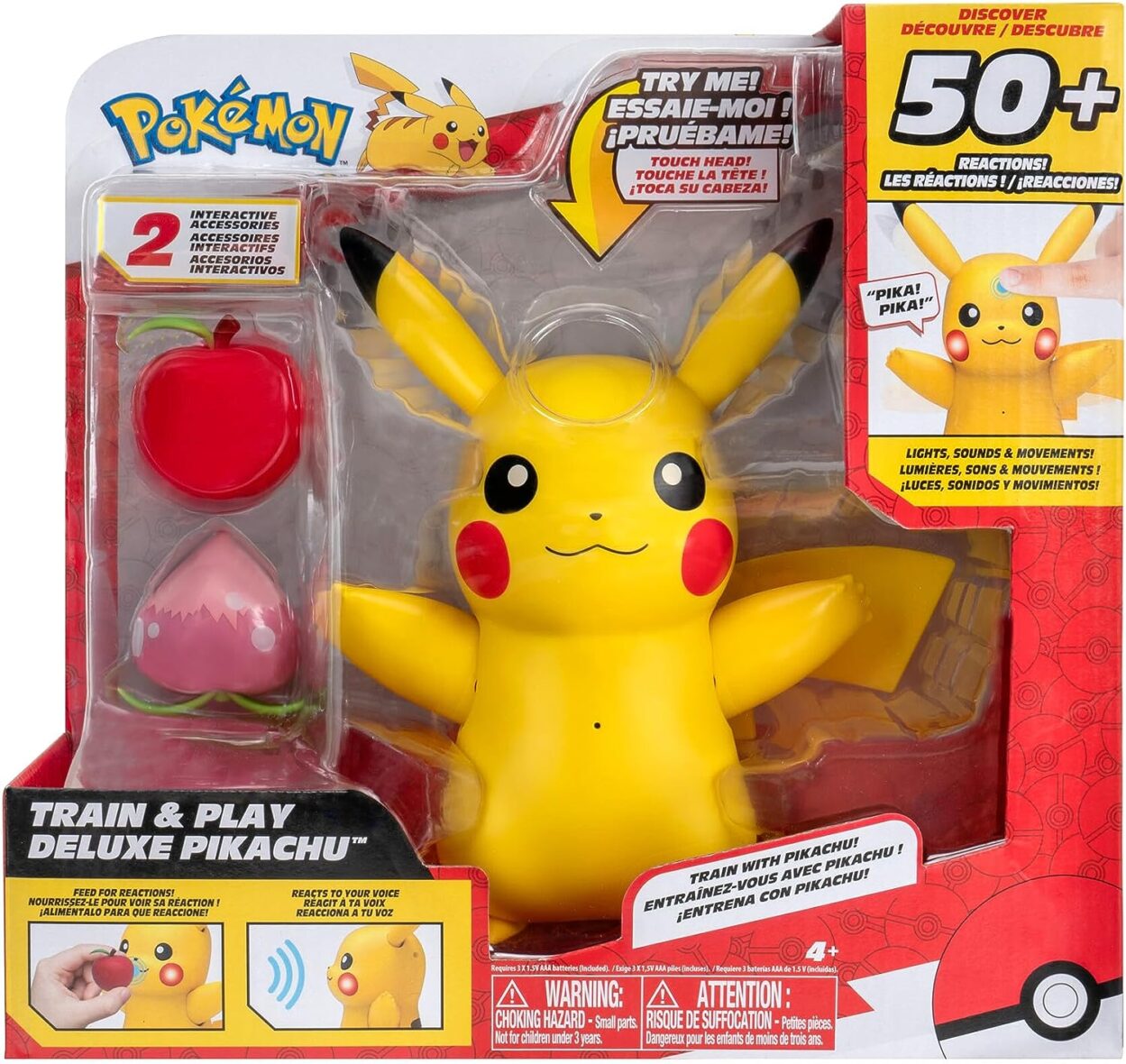 Pokemon Train and Play Deluxe Pikachu – 4.5-Inch Pikachu Figure with Lights, Sounds, and Moving Limbs Plus Interactive Accessories
