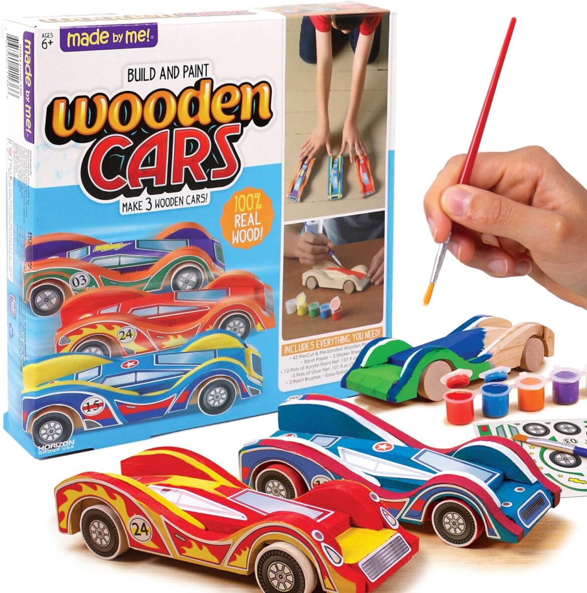 Made By Me Build & Paint Your Own Wooden Cars – DIY Wood Craft Kit, Easy To Assemble and 3 Race – Arts Crafts Kit for Kids Ages 6 And Up