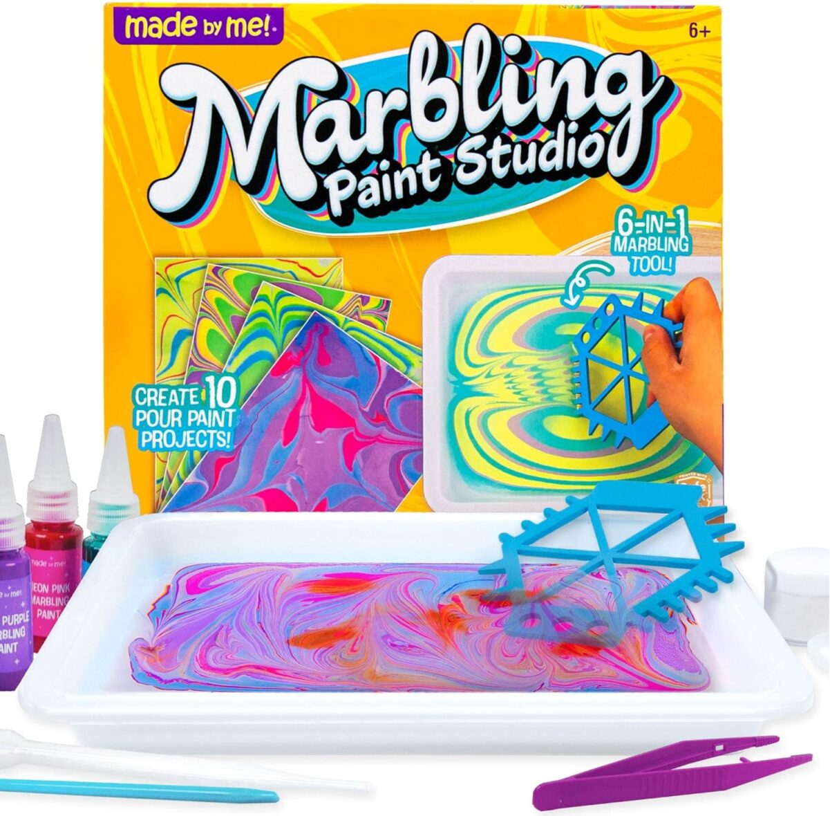 Made By Me Marbling Paint Studio, 25-Piece Marbling Kit for Kids, Make 10 Pour Paint Art Projects, Dip & Paint Marbling Arts & Crafts Kits for Kids