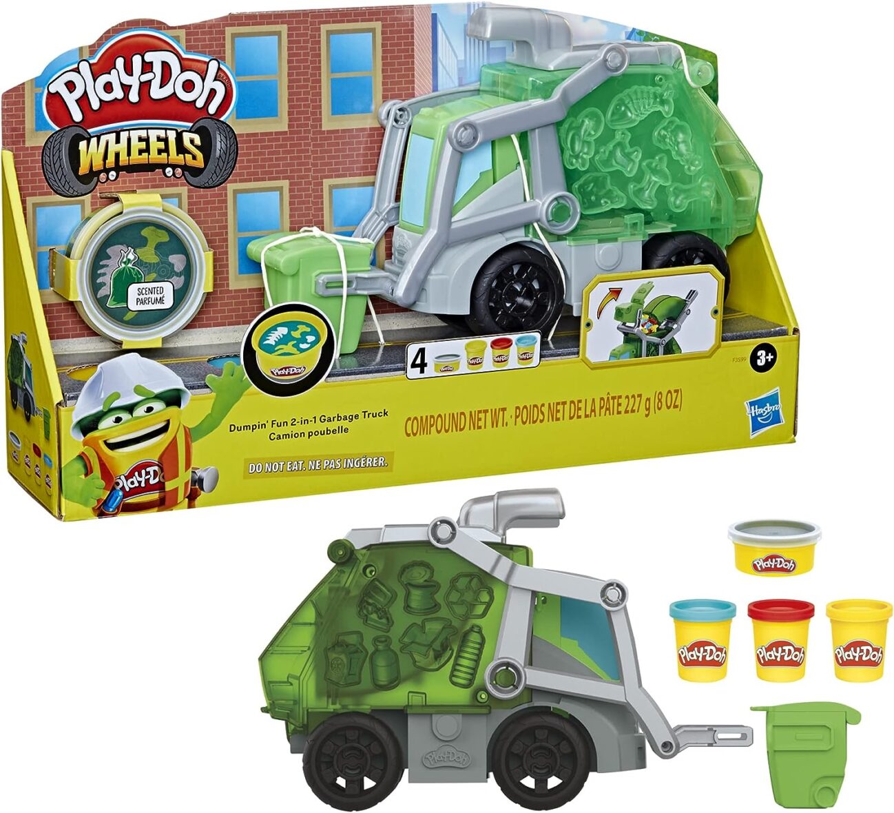 Play-Doh Wheels Dumpin’ Fun 2-in-1 Garbage Truck Toy, with Stinky Scented Garbage Compound and 3 Additional Cans, Preschool Toys for 3 Year Old Boys and Girls and Up, Non-Toxic