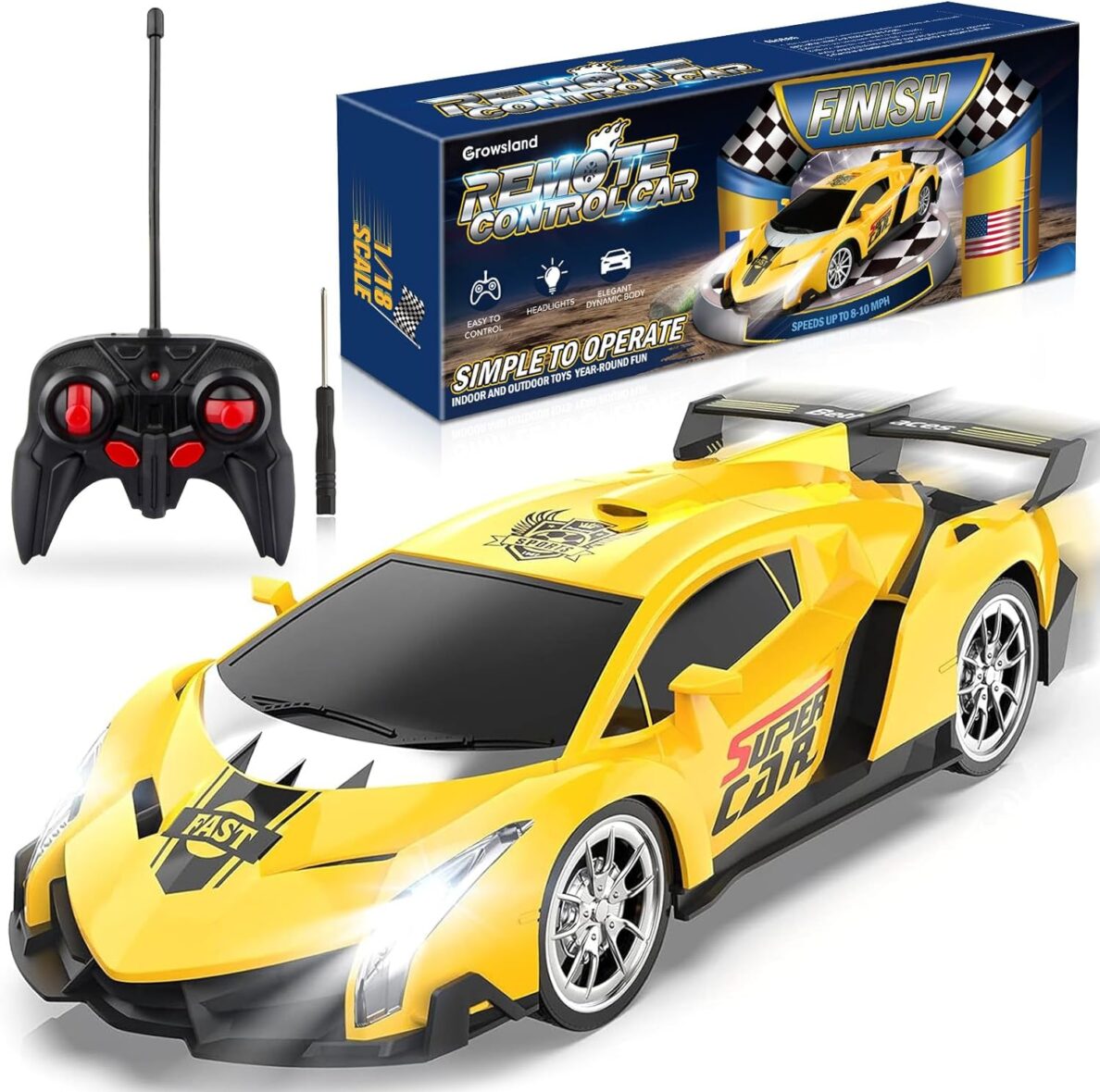 Growsland 2023 Remote Control Car, RC Cars for Kids 1:18 Electric Lamborghini Toy Car Hobby Racing Car Toys with Lights & Controller,
