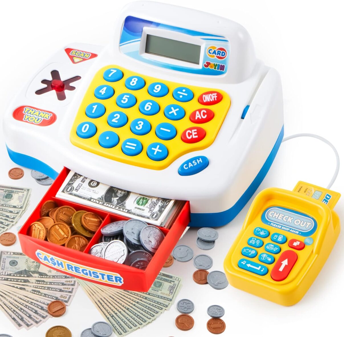 JOYIN Pretend Play Calculator Cash Register, Kids Cash Register Includes Play Money, Scanner, Card Reader, Grocery Store Play Food, Credit Card for Toddler Ages 3+ Develops Early Math Learning Skill