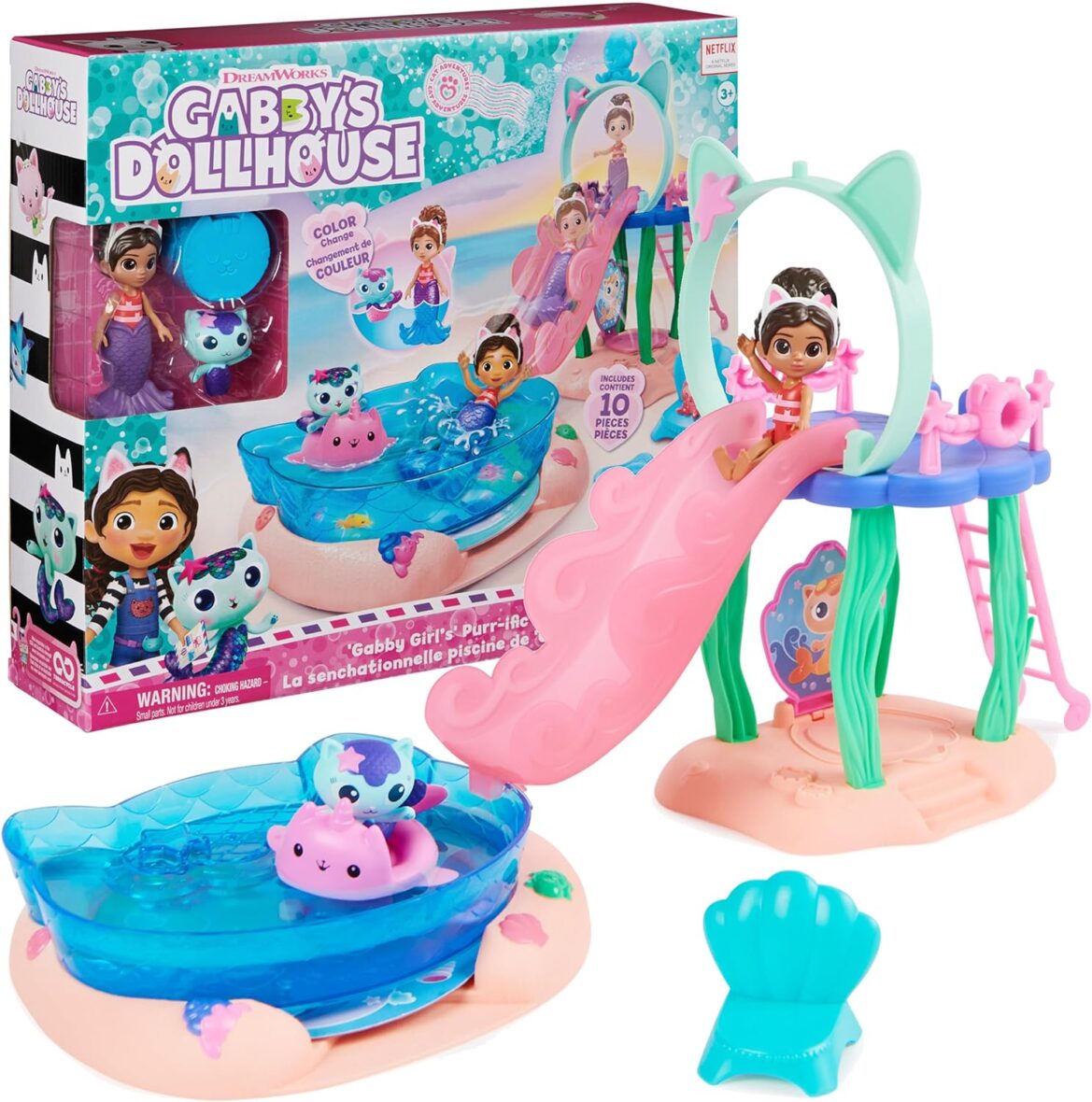Gabby’s Dollhouse, Purr-ific Pool Playset with Gabby and MerCat Figures, Color-Changing Mermaid Tails and Pool Accessories