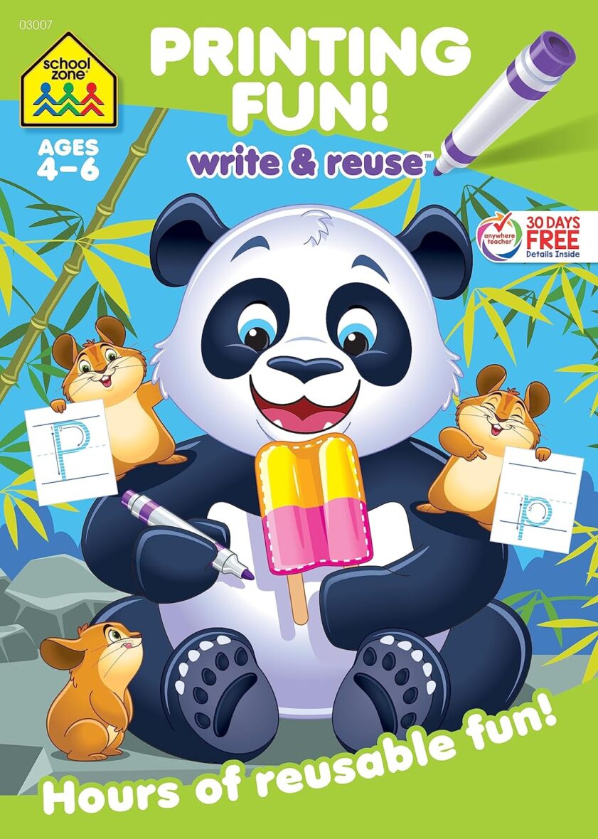 School Zone – Printing Fun! Write & Reuse Workbook – Ages 4 to 6, Preschool to Kindergarten, Tracing Letters, Pre-Writing, Wipe Clean