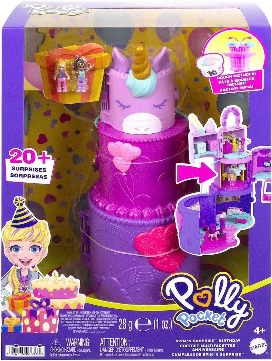 Polly Pocket 2-In-1 Unicorn Toy Playset, Spin ‘N Surprise Birthday with Micro Polly & Lila Dolls, Plus 25 Accessories