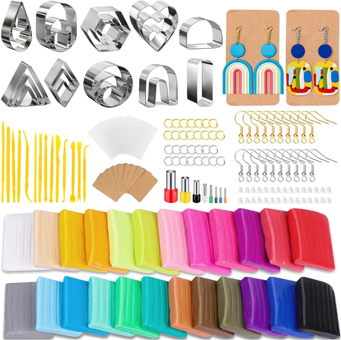 Polymer Clay Earrings Making Kit with 32pcs Polymer Clay Cutters, 24pcs Oven Bake Clay, 30 Set Earring Rings&Hooks, Modeling Clay Jewelry Making Kit for Beginners