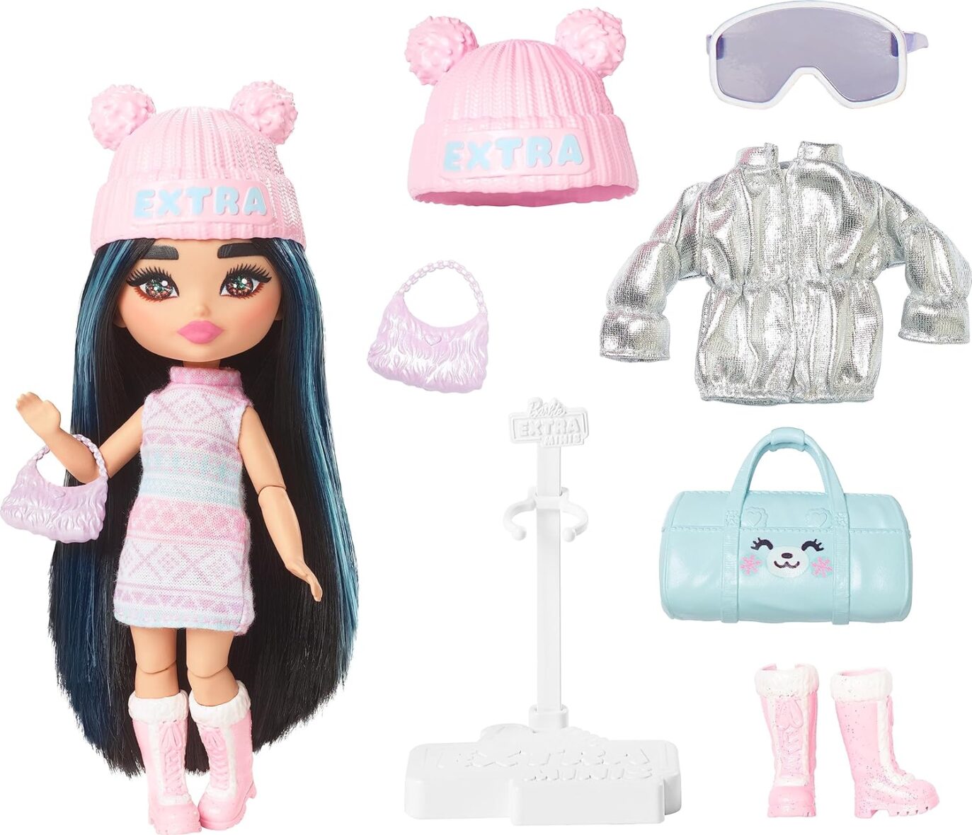 Barbie Extra Fly Minis Travel Doll, Snowy Look with Icy Blue Highlights in Pastel Sweater Dress & Accessories