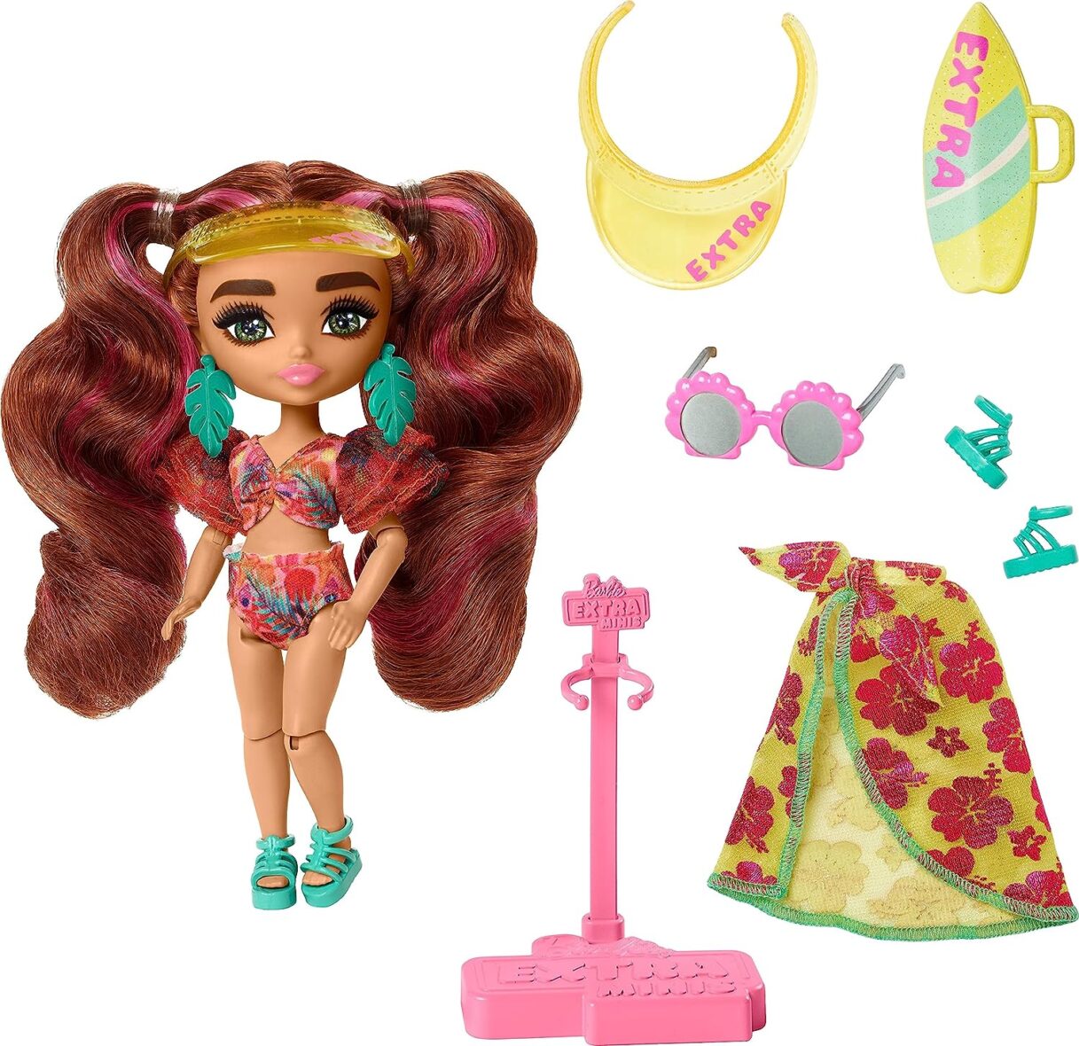 Barbie Extra Fly Minis Travel Doll, Beach Look with Pink-Streaked Pigtails in Swimsuit, Sarong & Accessories