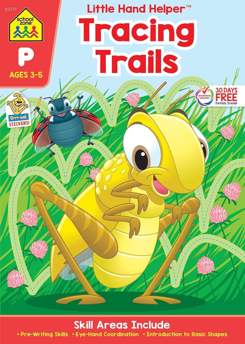 School Zone – Tracing Trails Workbook – 32 Pages, Ages 3 to 5, Preschool, Pre-Writing, Intro to Shapes, Alphabet, Numbers, and More