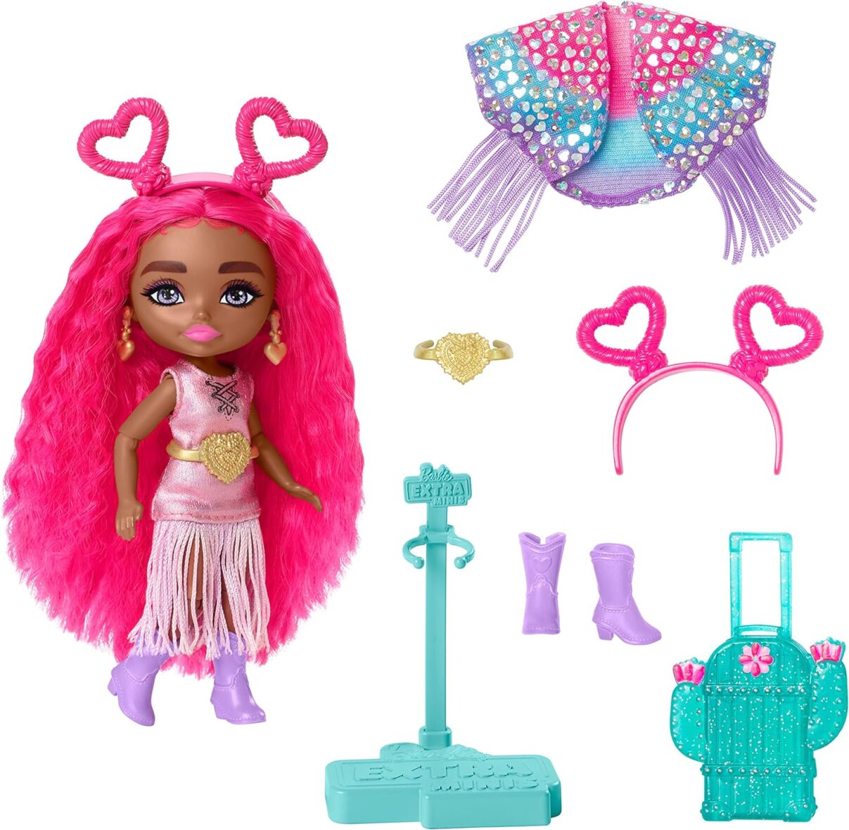 Barbie Extra Fly Minis Travel Doll, Desert Festival Look with Magenta Hair in Fringe Jacket & Fringe Dress & Accessories Small