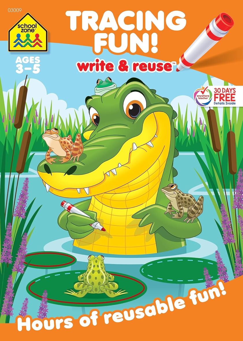 School Zone – Tracing Fun! Write & Reuse Workbook – Ages 3 to 5, Preschool to Kindergarten, Letters, Pre-Writing, Numbers, Shapes, Wipe Clean
