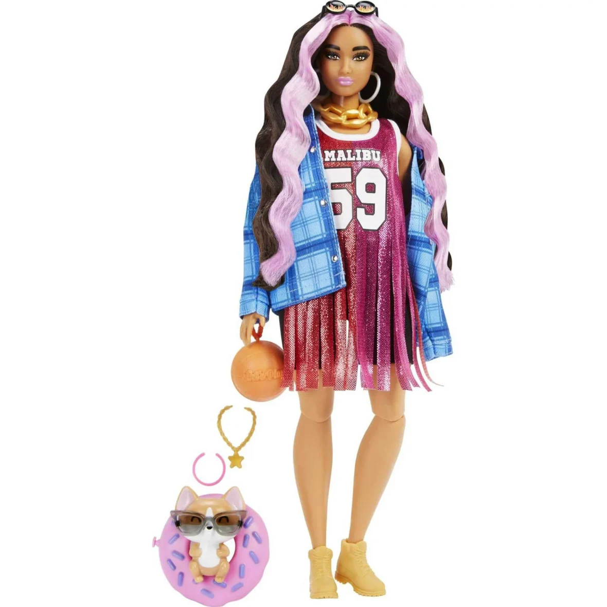 Barbie Extra Doll #13 and Accessories with Pink-Streaked Crimped Hair in Jersey Dress with Pet Corgi