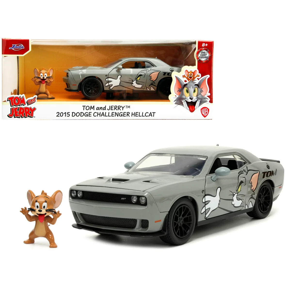 Jada Toys Tom and Jerry 1:24 2015 Dodge Challenger Hellcat Die-cast Car w/ 2.75″ Jerry Figure, Toys for Kids and Adults- COLLECTIBLE