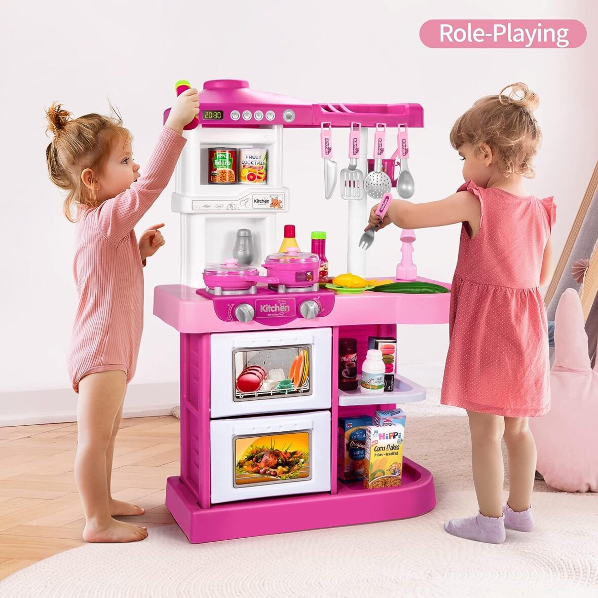 Temi Play Kitchen Pretend Food Playset – 53 PCS Pink Kitchen Toys for Toddlers, Toy Accessories Set w/ Real Sounds and Light