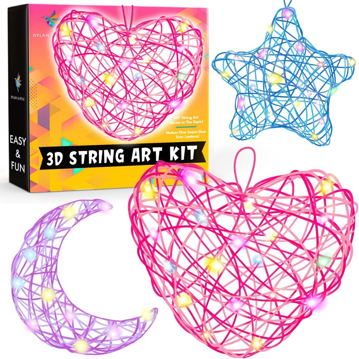 Dylan & Rylie DIY 3D Heart Lantern String Art Kit – Easy Craft for Kids 8+, Glowing Room Decor, Creative Gift for Children