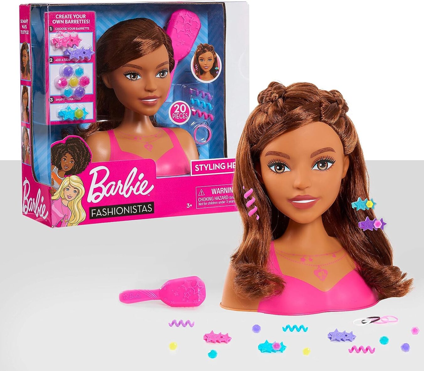 Barbie Fashionistas 8-Inch Styling Head, Brown Hair, 20 Pieces Include Styling Accessories