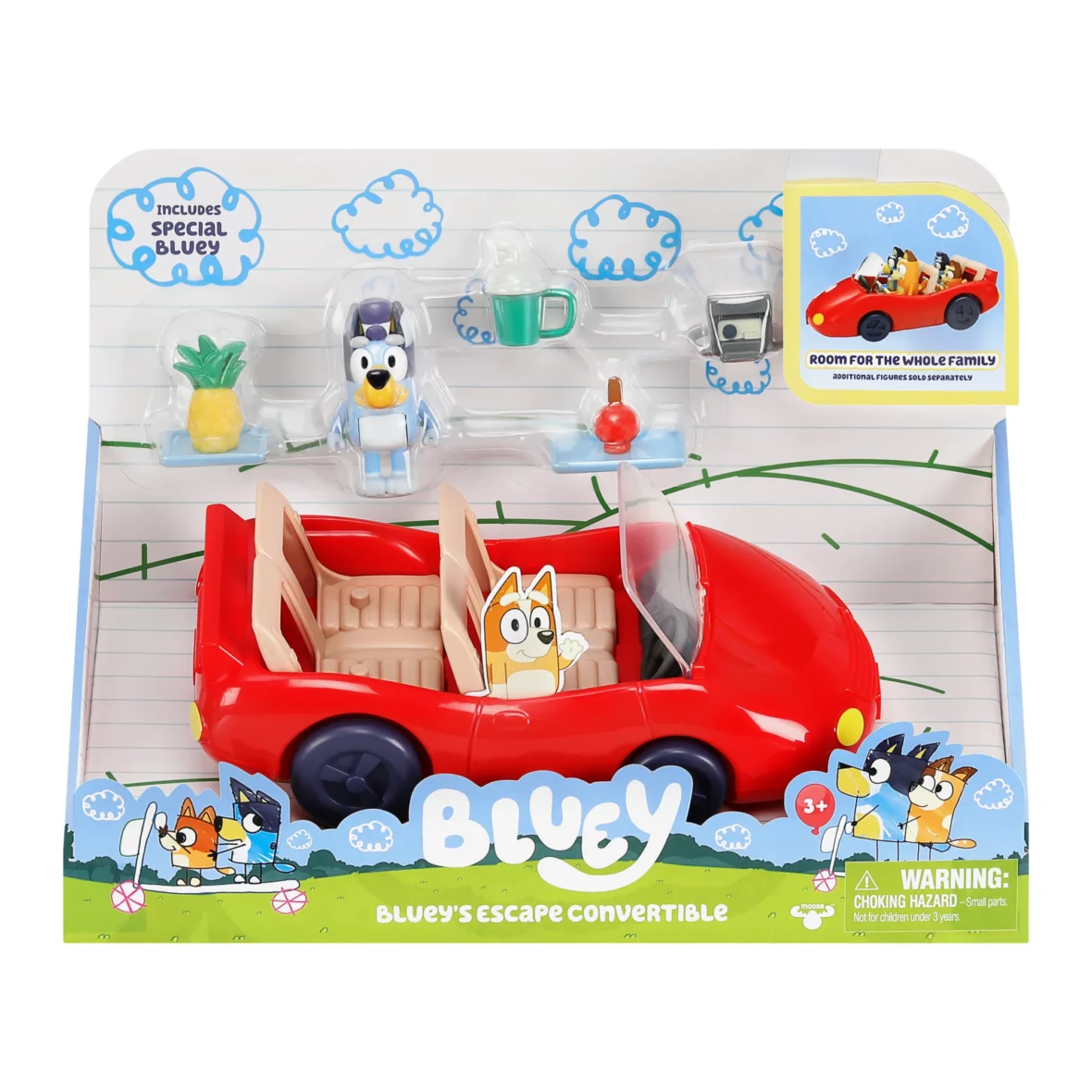 Bluey Escape Convertible with 2.5 inch Bluey Figure, 4 Accessories Vehicle and Figure Pack, Ages 3+