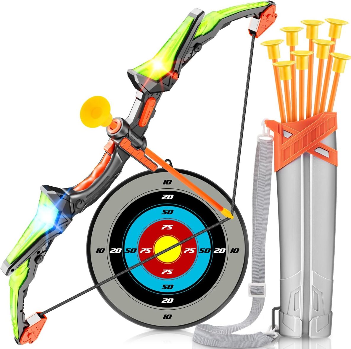 Kids Bow and Arrow Toy Set, LED Light Up Archery Toys with 8 Suction Cups Arrows- Green