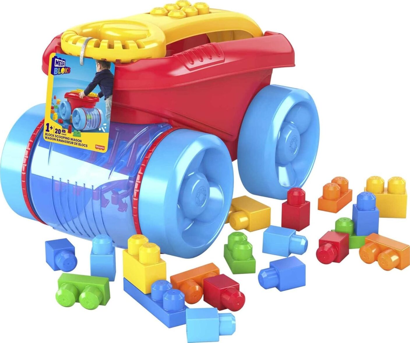 MEGA BLOKS Fisher-Price Blue Block Scooping Wagon Building Toy (21 Pieces) for Toddler