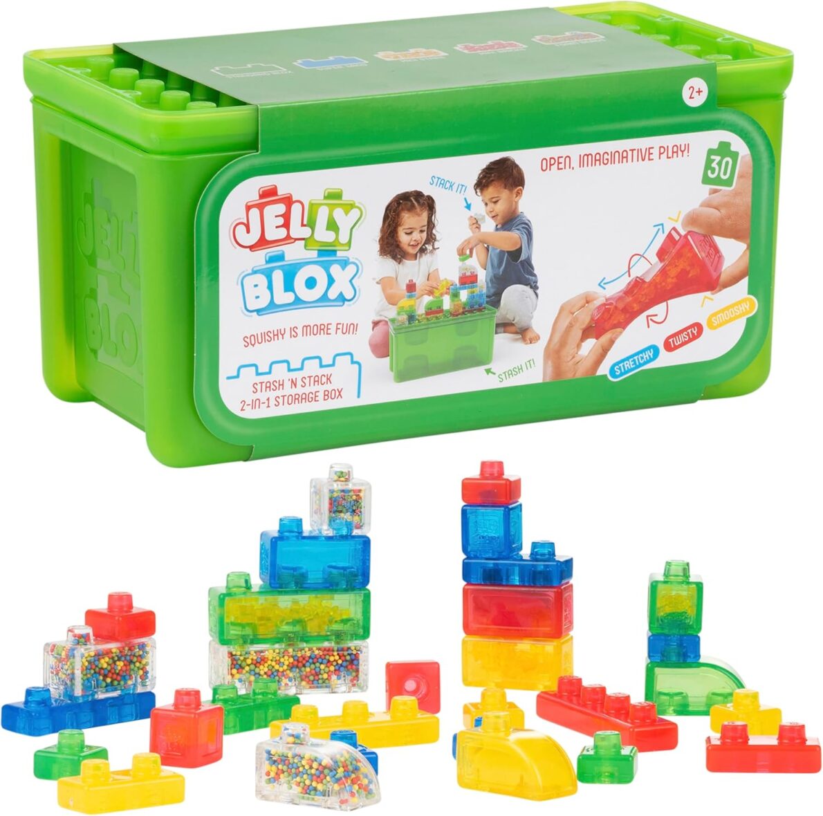 Jelly Blox Stash ‘N Stack 2-in-1 Storage Case Including 30 Blocks | Toddler & Preschool Building Blocks Kids Can Squeeze & Stretch | Safety Tested & Ouch-Free | Tactile, Sensory Play Toy for Ages 2+