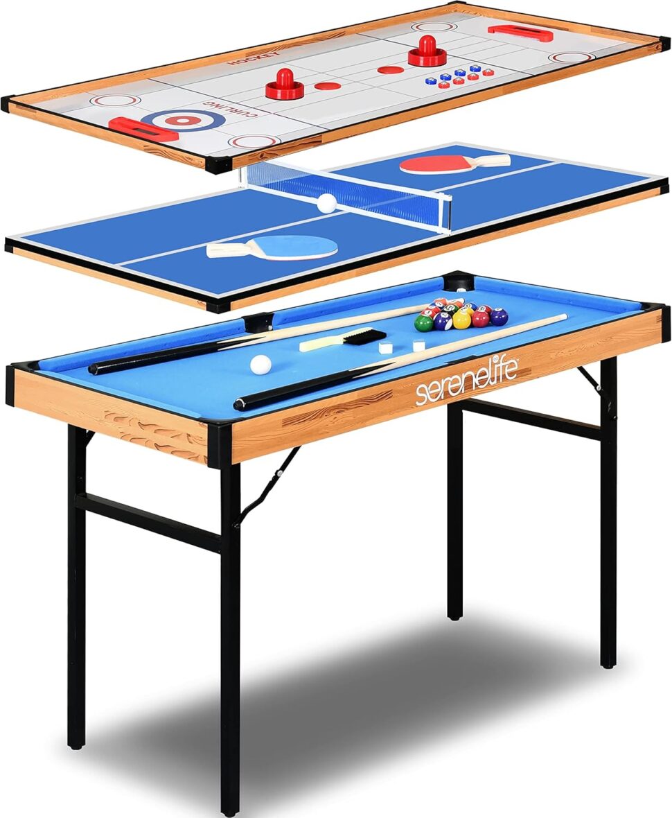 SereneLife 4 in 1 Multi Game Table, 4’x2’ Folding Portable Sports Arcade Games with Accessories