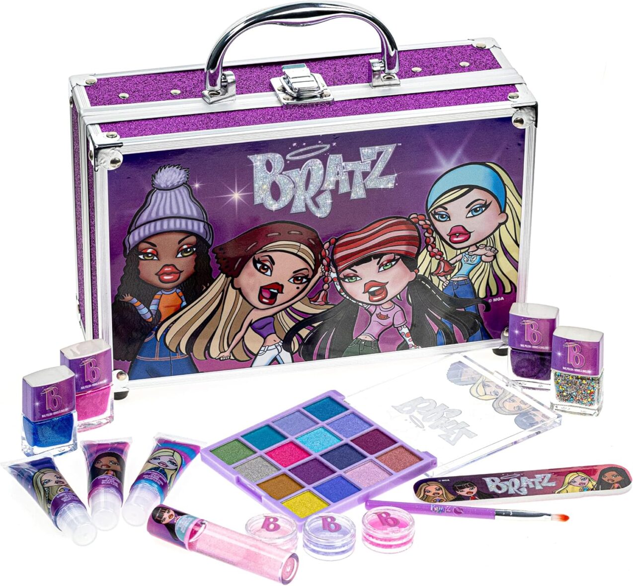 Bratz Makeup Set for Girls Non-Toxic, Washable Nail Polish & Eye Shadow Palette in Train Case