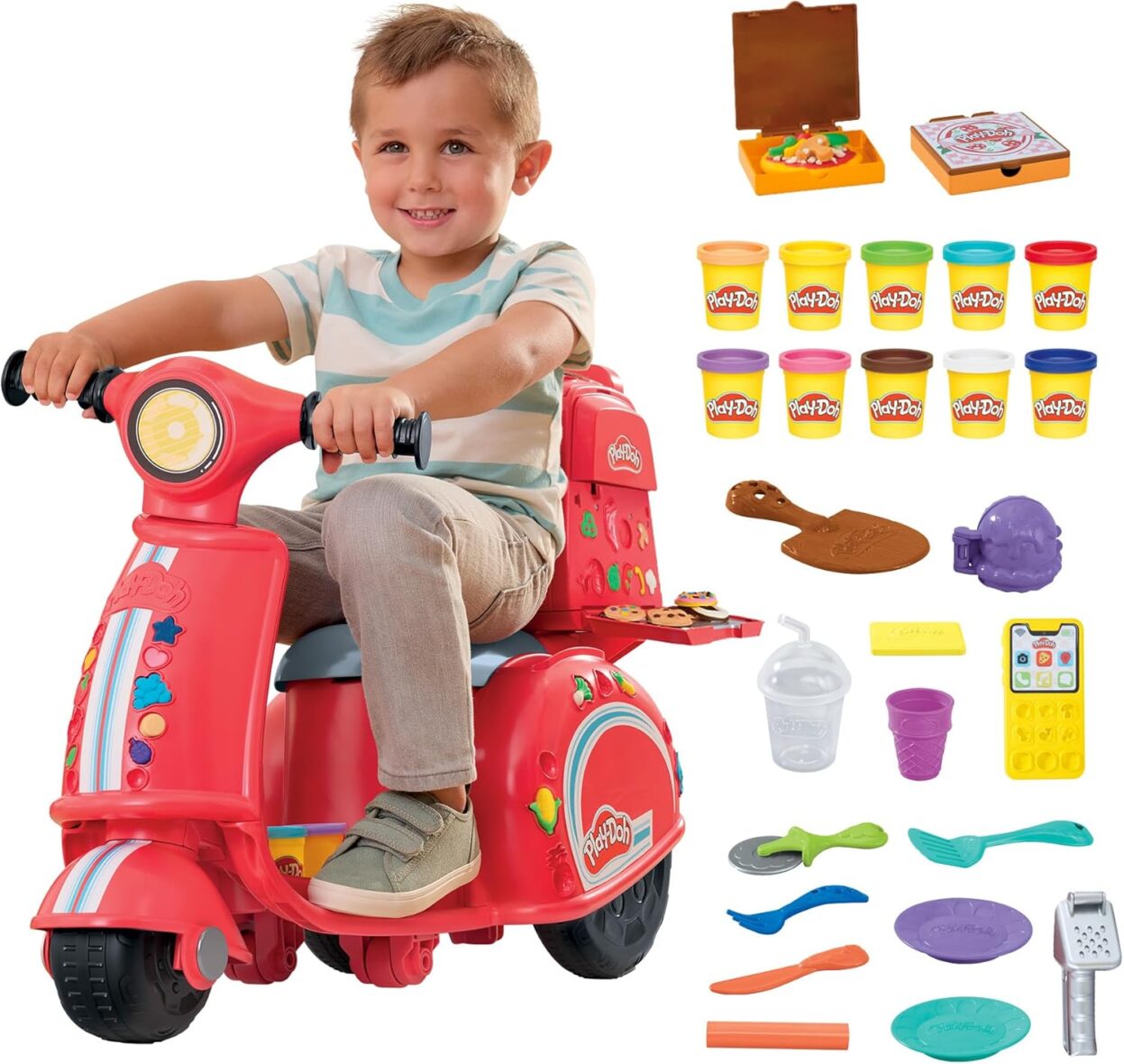 Play-Doh Pizza Delivery Scooter Playset, Large Ride-On Play Food Preschool Toys, Toy Pizza Set