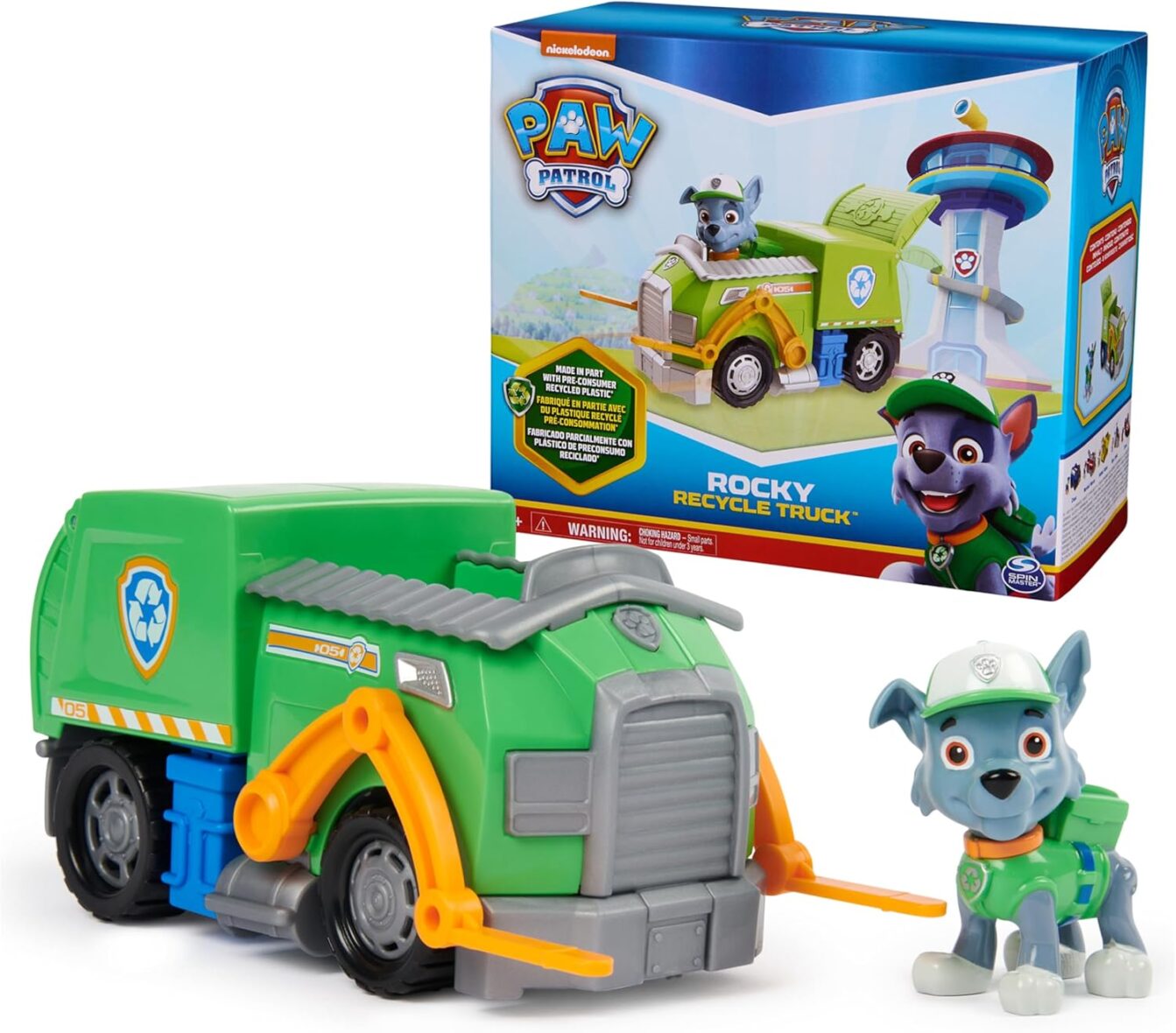 Paw Patrol, Rocky’s Recycle Truck, Toy Truck with Collectible Action Figure