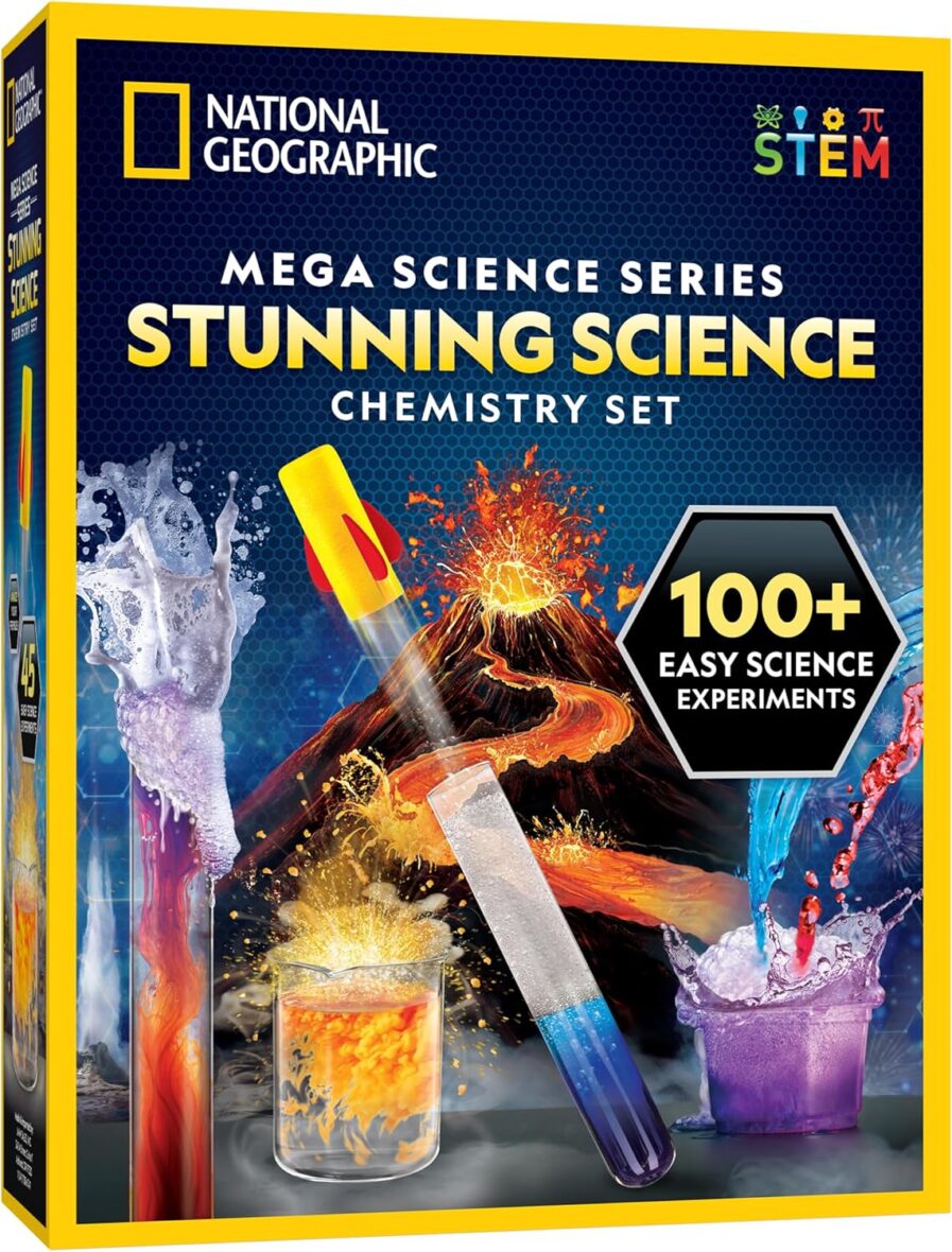 NATIONAL GEOGRAPHIC Stunning Chemistry Set – Mega Science Kit with 100+ Easy Experiments- Make a Volcano and Launch a Rocket, STEM Projects for Kids