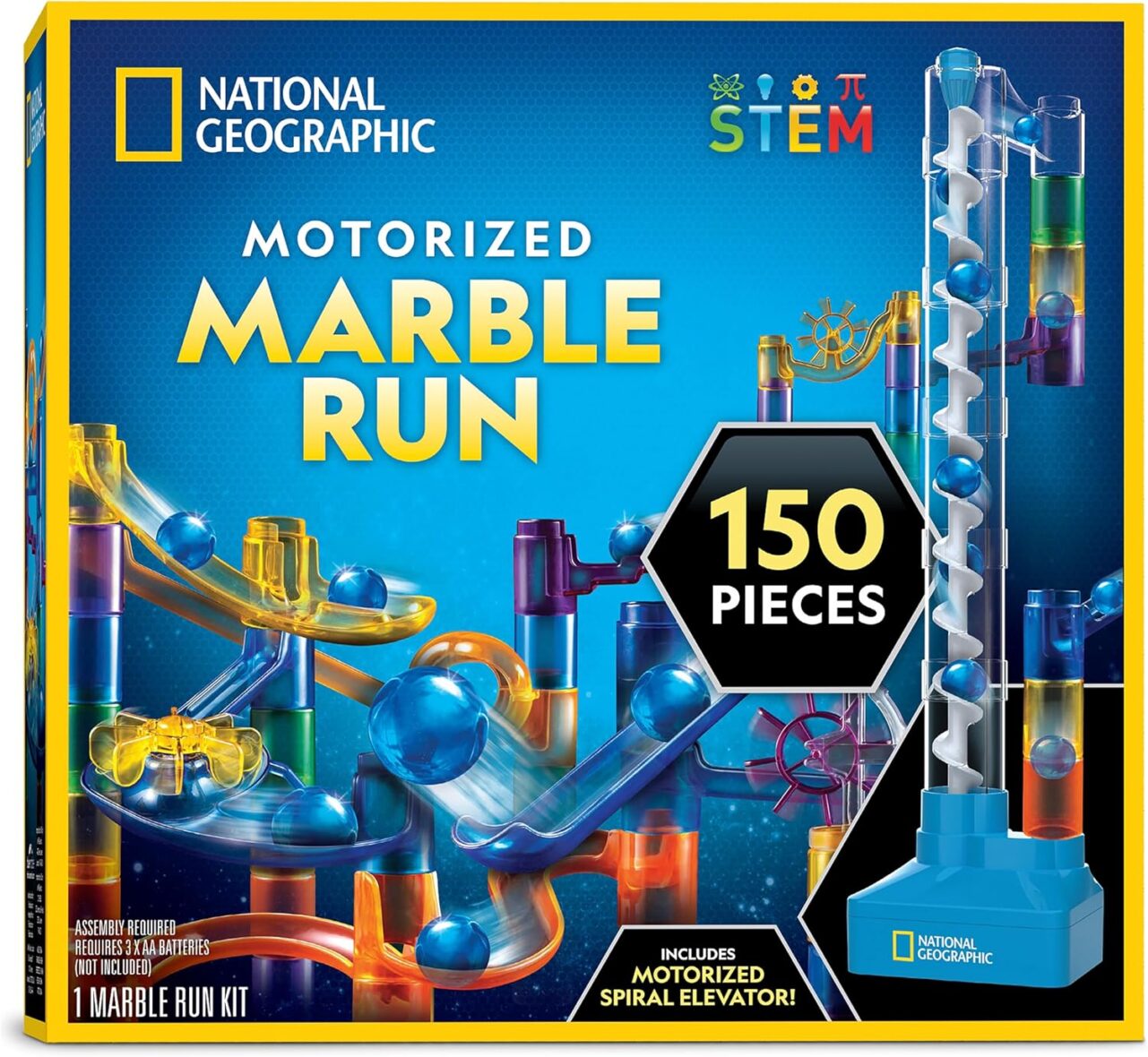 National Geographic Marble Run with Motorized Elevator – 150-Piece Marble Maze Kit with Motorized Spiral Lift