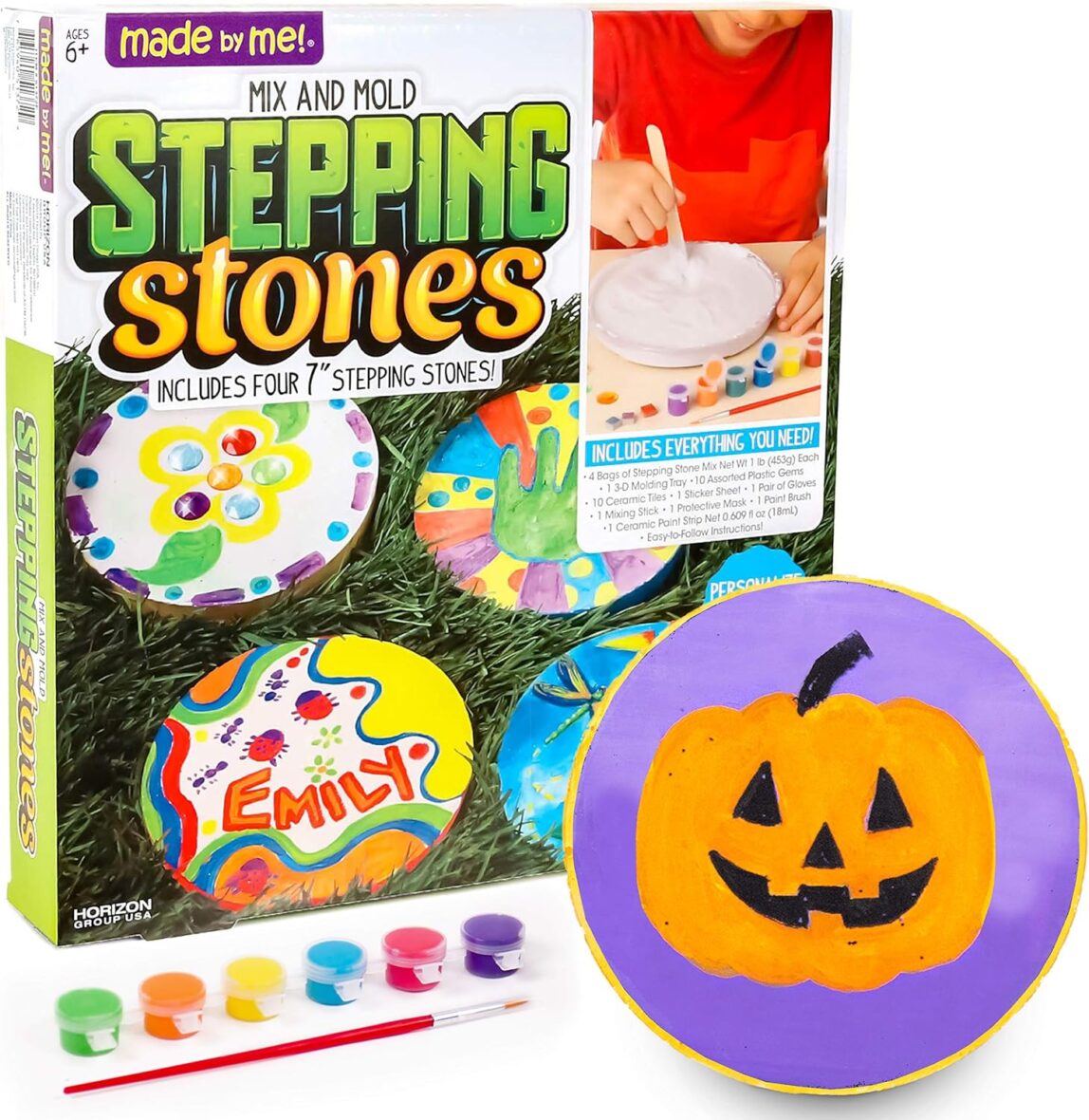 Made By Me Mix & Mold Stepping Stones, Make 4 DIY Personalized 7-Inch Ceramic Stepping Stones, Includes 3D Mold, Ceramic Paints, Ceramic Tiles, & Assorted Gems, Paint Your Own Stepping Stones