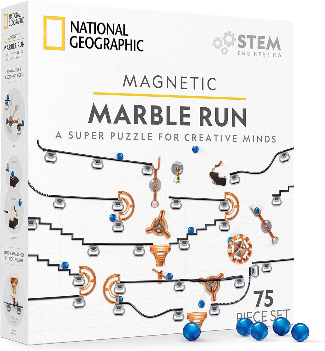 NATIONAL GEOGRAPHIC Magnetic Marble Run – 75-Piece STEM Building Set for Kids & Adults with Magnetic Track & Trick Pieces & Marbles for Building A Marble Maze, STEM Project