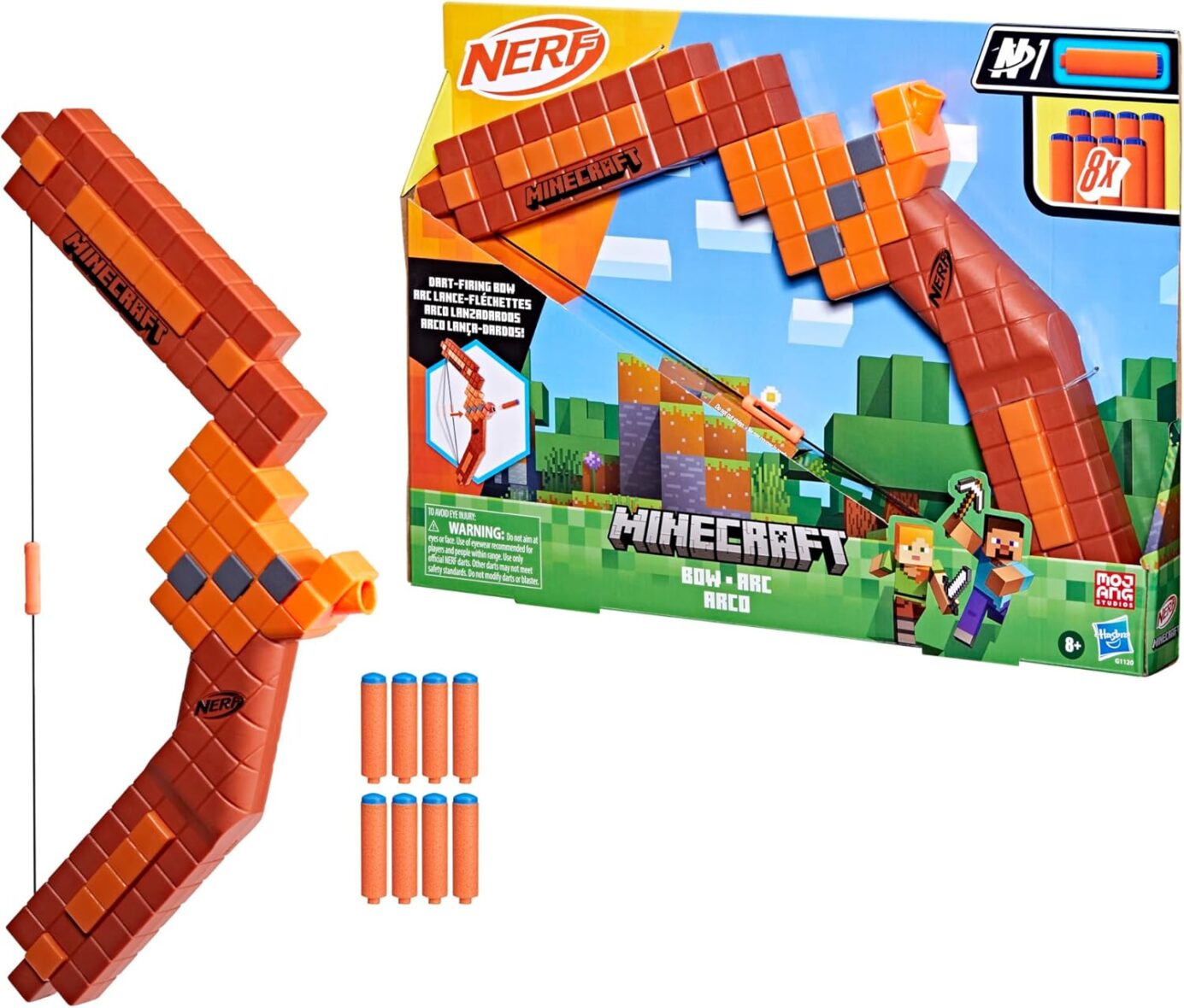 Nerf Minecraft Bow Dart Blaster, Pull-Back String Priming, 8 N1 Darts Compatible Only N1 Dart Blasters, Ages 8+