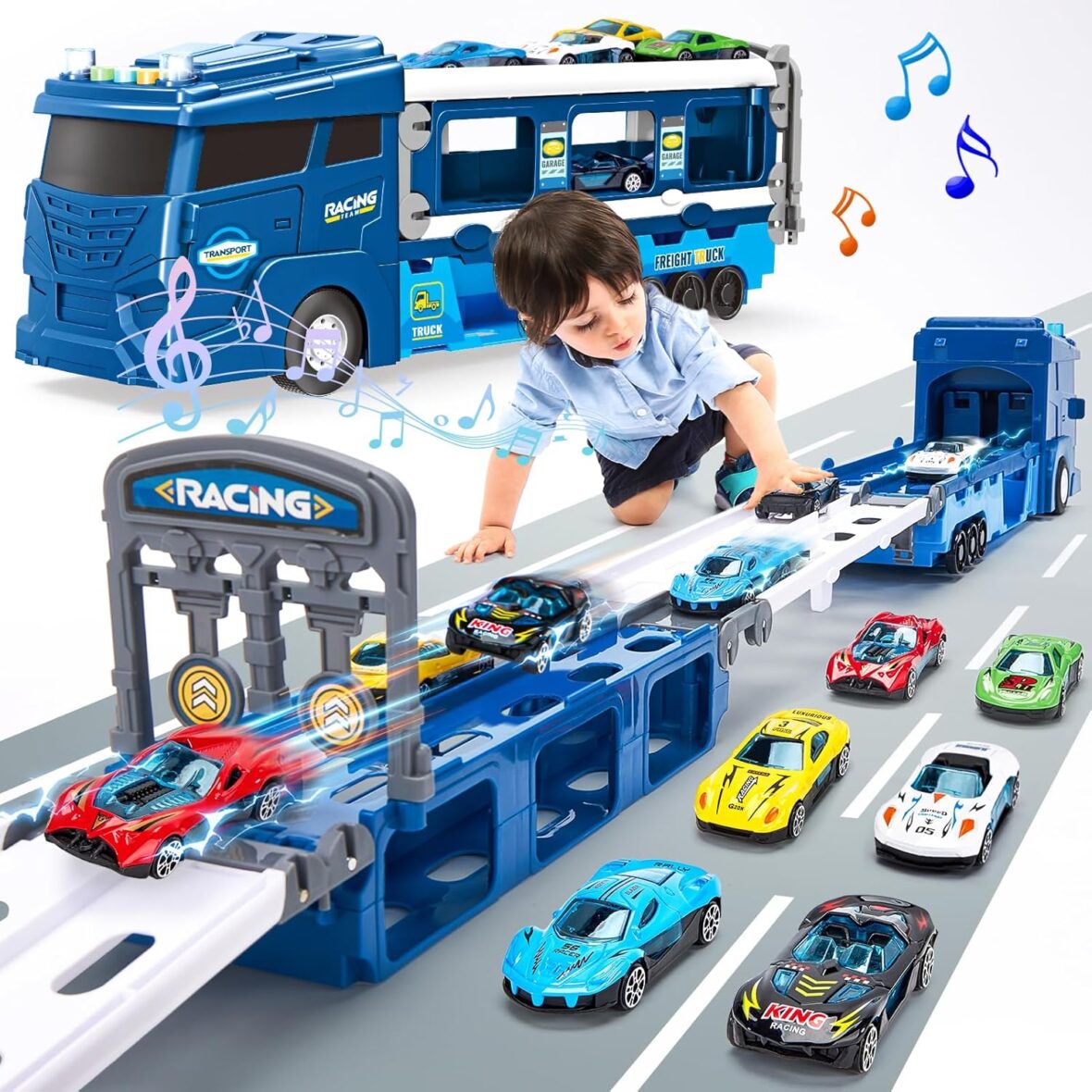 hahaland Toys for 3 Year Old Boy Gift – 2 in 1 Car Carrier Transforms into Race Tracks