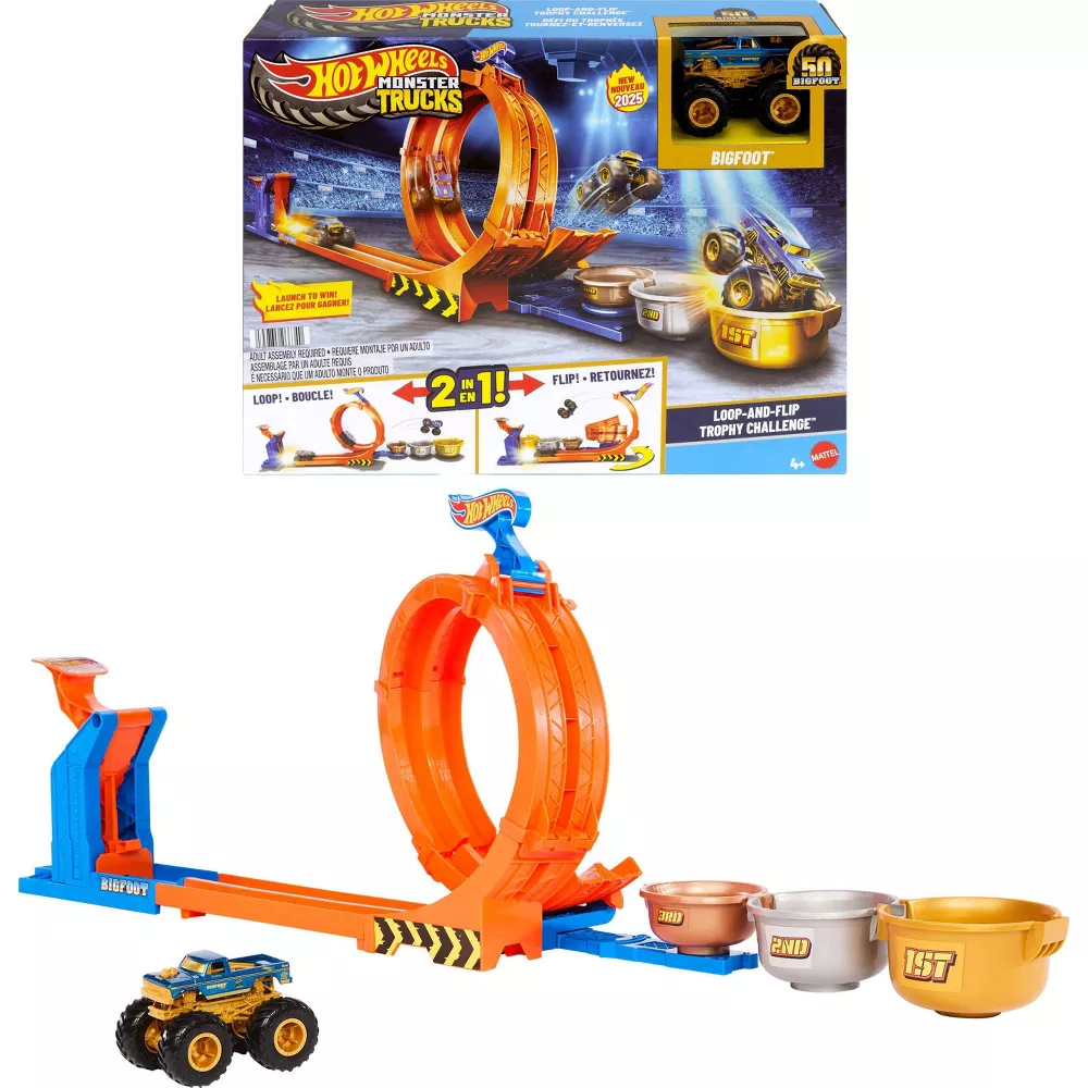 Hot Wheels Monster Truck Loop-and-Flip Trophy Challenge Playset & Diecast Bigfoot Toy